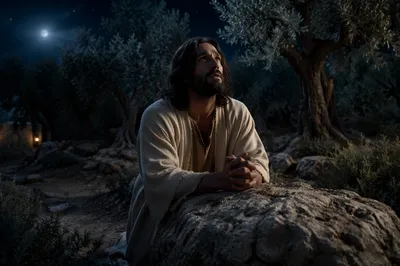 Man Praying Among Olive Trees at Night