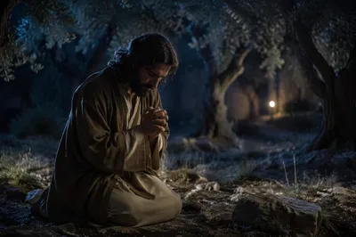 Man Praying Alone in Olive Grove