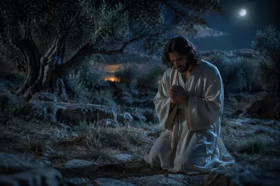 Man Kneeling in Moonlit Olive Garden