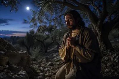 Man Praying in Moonlit Olive Garden