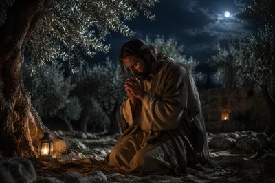 Man Praying in Moonlit Olive Garden