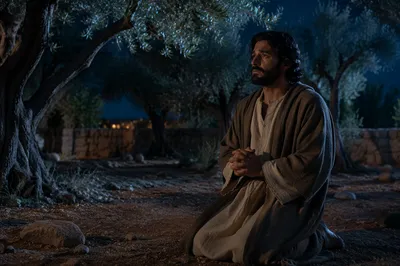 Man Praying Among Olive Trees at Night