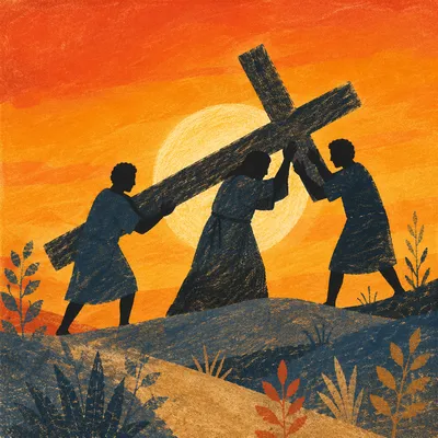 Jesus Silhouette Carrying Cross at Sunset