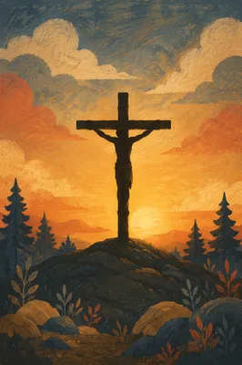 Jesus Silhouette on Cross at Sunset