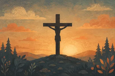 Jesus Silhouette on Cross at Sunset