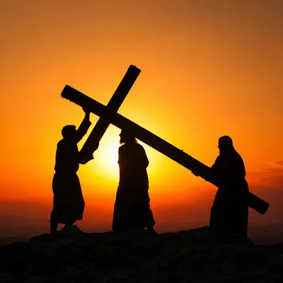 Jesus Silhouette Carrying Cross at Sunset