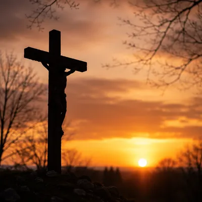 Jesus Silhouette on Cross at Sunset