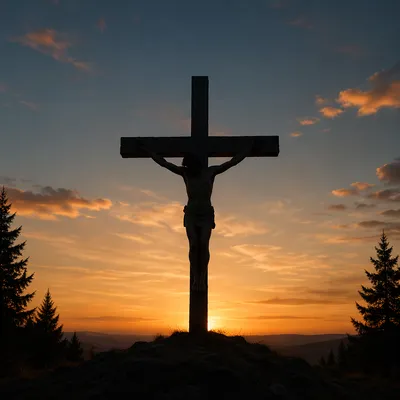 Jesus Silhouette on Cross at Sunset