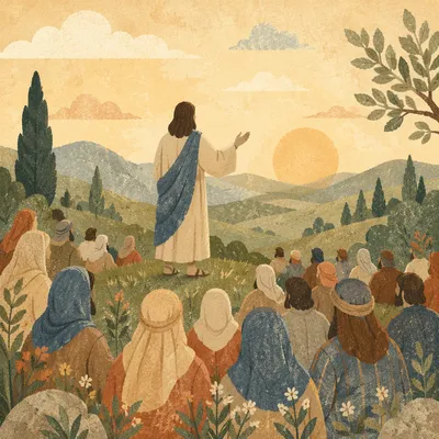 Jesus Teaching Crowd on Evergreen Hillside