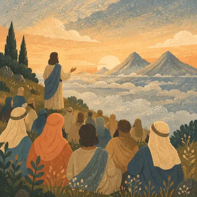 Jesus Teaching Crowd on Evergreen Hillside