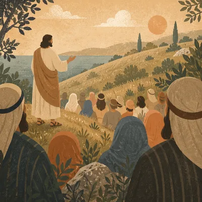 Jesus Teaching Crowd on Hillside