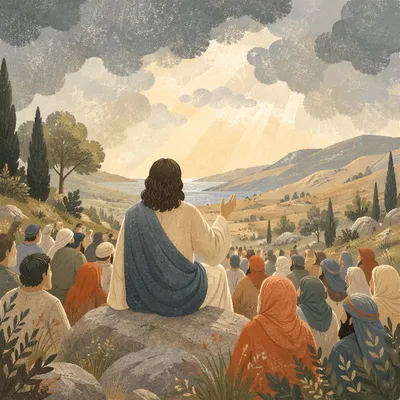 Jesus Teaching Crowd on Evergreen Hillside