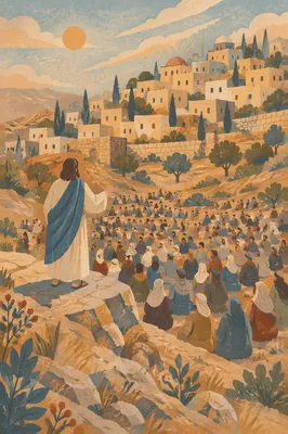 Jesus Teaching Crowd on Hillside at Sunset