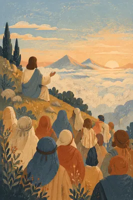 Jesus Teaching Crowd on Evergreen Hillside