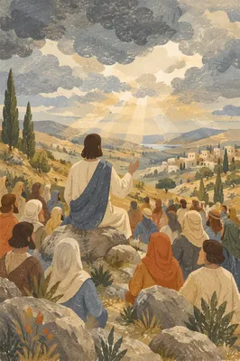 Jesus Teaching Crowd on Evergreen Hillside