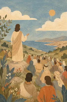 Jesus Teaching Crowd on Hillside at Sunset