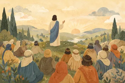 Jesus Teaching Crowd on Evergreen Hillside