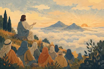 Jesus Teaching Crowd on Evergreen Hillside
