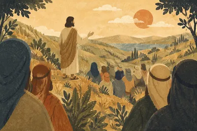 Jesus Teaching Crowd on Hillside