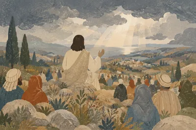 Jesus Teaching Crowd on Evergreen Hillside