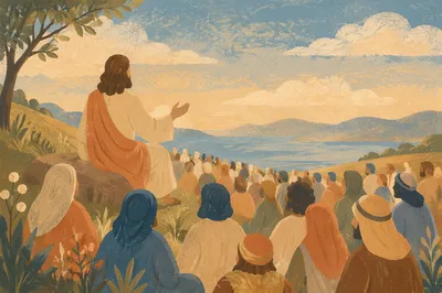 Jesus Teaching Crowd on Hillside at Sunset
