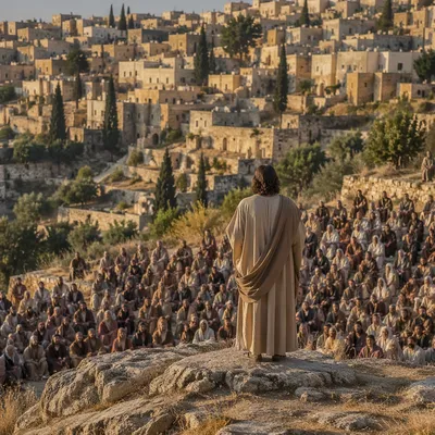 Jesus Teaching Crowd on Hillside at Sunset