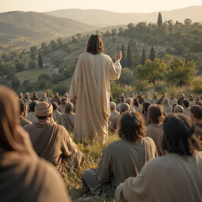 Jesus Teaching Crowd on Evergreen Hillside