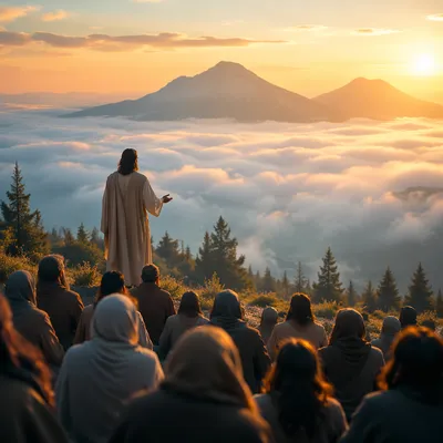 Jesus Teaching Crowd on Evergreen Hillside