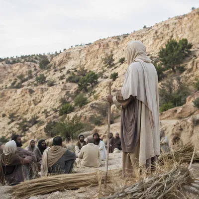 Jesus Teaching Crowd on Evergreen Hillside