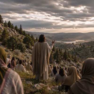 Jesus Teaching Crowd on Evergreen Hillside