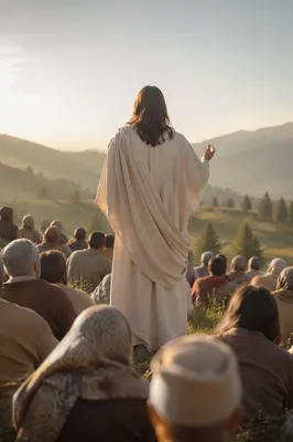 Jesus Teaching Crowd on Evergreen Hillside