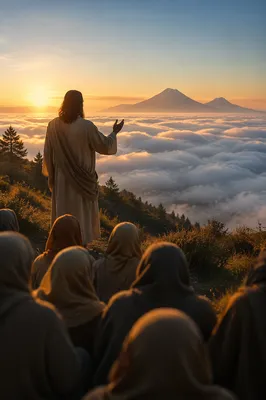 Jesus Teaching Crowd on Evergreen Hillside