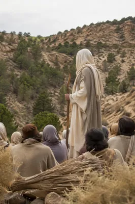 Jesus Teaching Crowd on Rugged Hillside