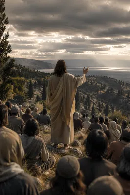 Jesus Teaching Crowd on Evergreen Hillside