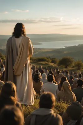 Jesus Teaching Crowd on Hillside at Sunset