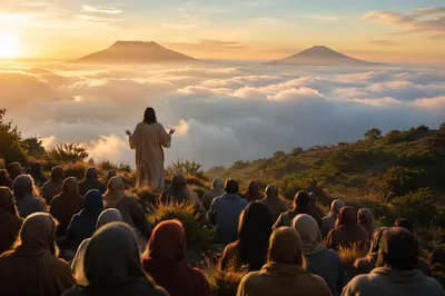 Jesus Teaching Crowd on Evergreen Hillside