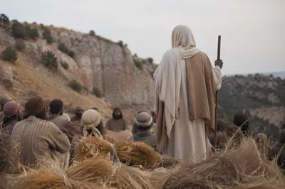 Jesus Teaching Crowd on Evergreen Hillside