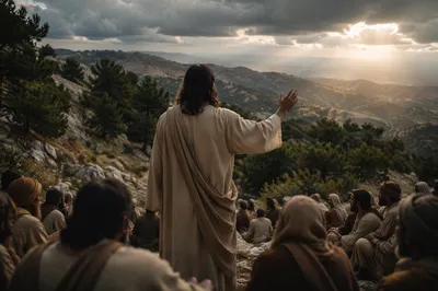 Jesus Teaching Crowd on Evergreen Hillside