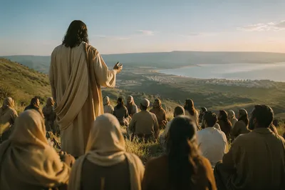 Jesus Teaching Crowd on Hillside at Sunset