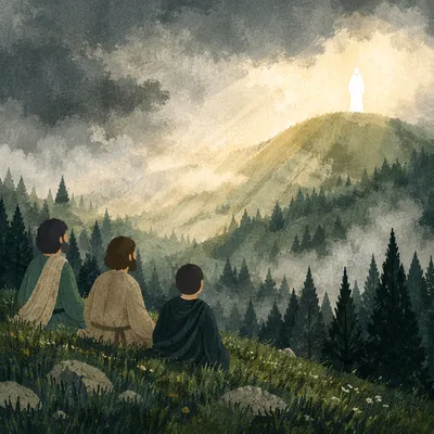 Glowing White Figure on Misty Mountain