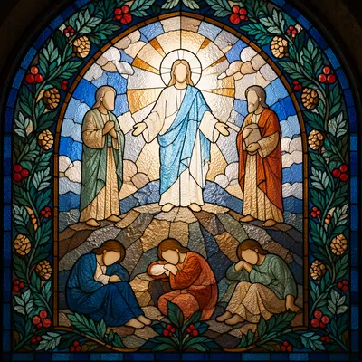Transfiguration Mountain Stained Glass in Radiant Light