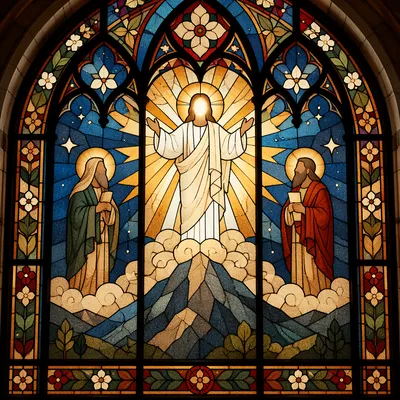 Transfiguration Stained Glass on Glowing Mountain