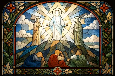 Transfiguration Mountain Stained Glass in Radiant Light
