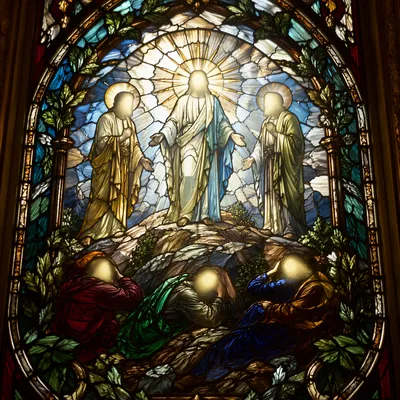 Transfiguration Mountain Stained Glass in Radiant Light