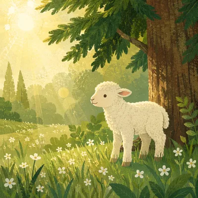 Gentle Lamb Beneath Evergreen Morning Light
