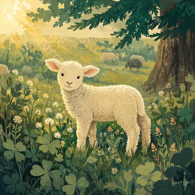 Gentle Lamb in Evergreen Meadow Light
