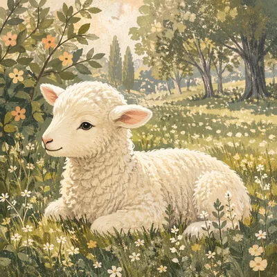 Gentle Lamb Resting in Green Meadow