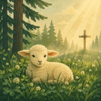 White Lamb in Evergreen Meadow Light