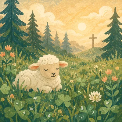 Gentle Lamb in Evergreen Morning Meadow