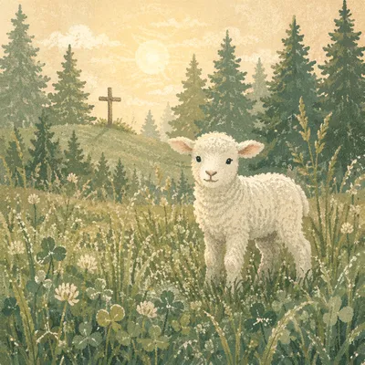 Gentle Lamb in Evergreen Meadow Light